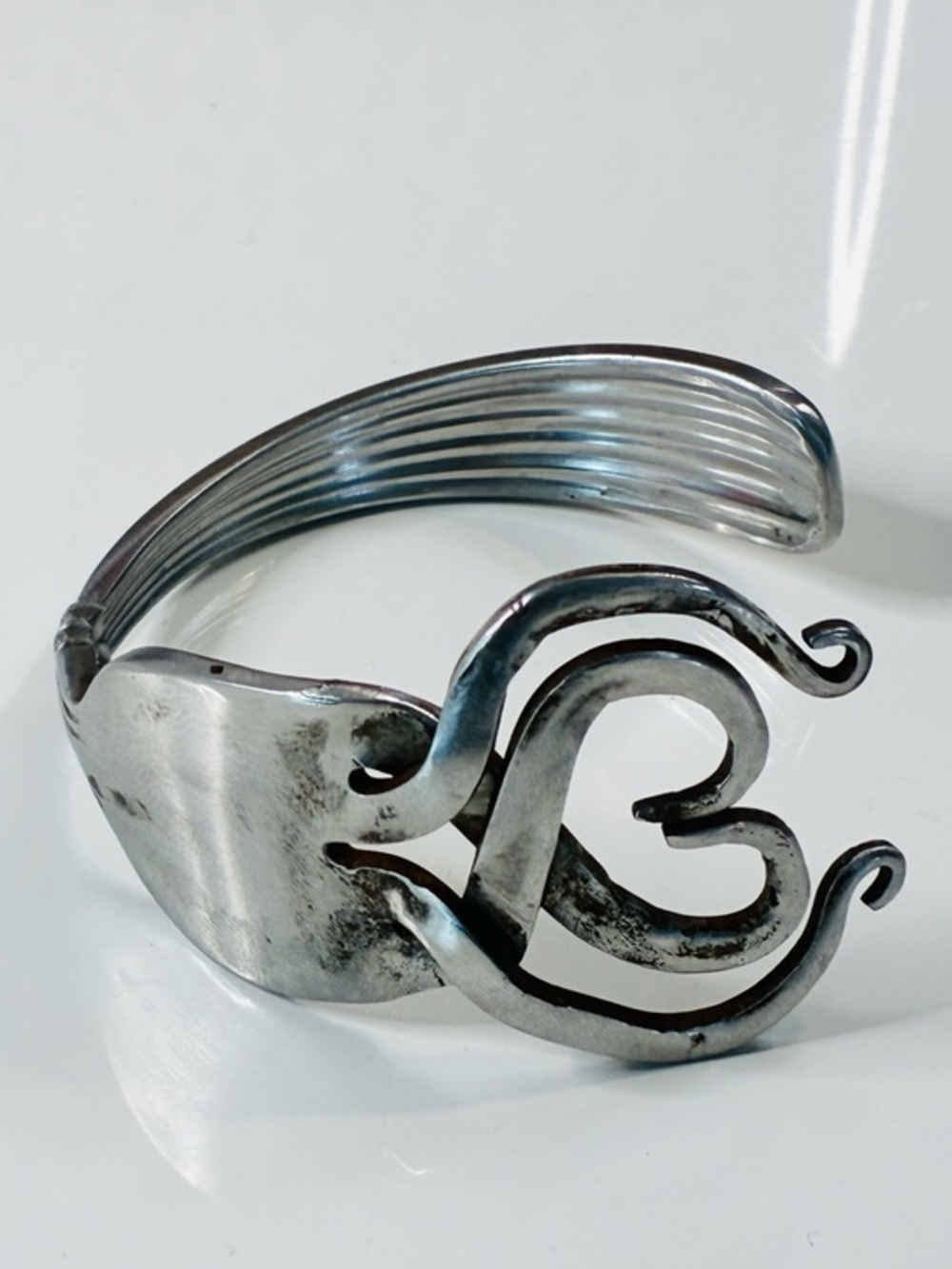 Antique Chunky Silver Heart Cuff Bracelet Stainless Fork Jewelry - Roger’s Co.